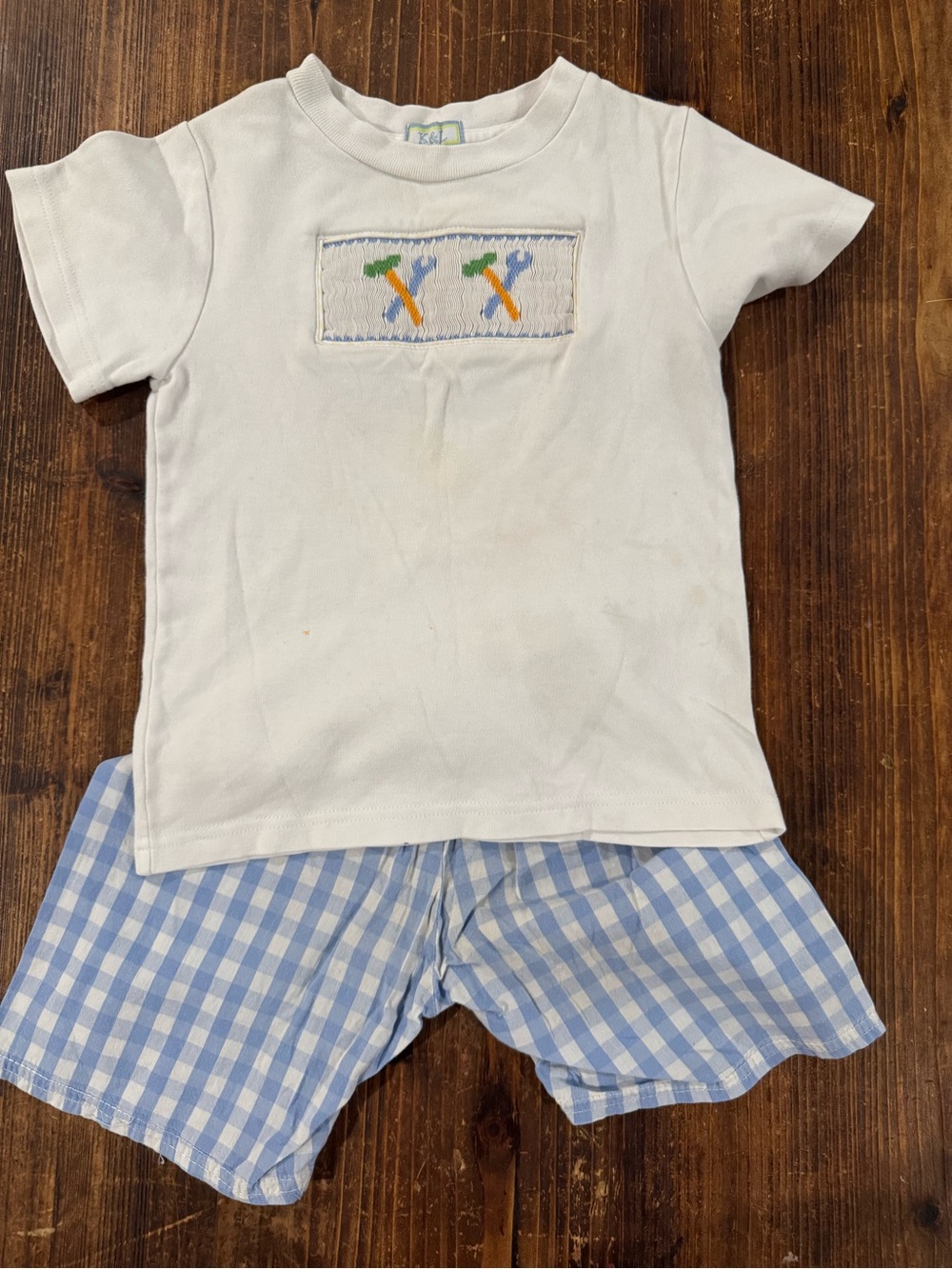 Kids White Tee & Blue Gingham Shorts Matching Set